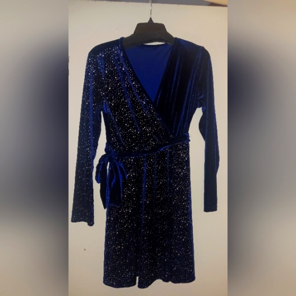 NEW Elegant Sparkly Royal Blue Velvet Wrap Surplice Dress Unworn Unwashed XL
